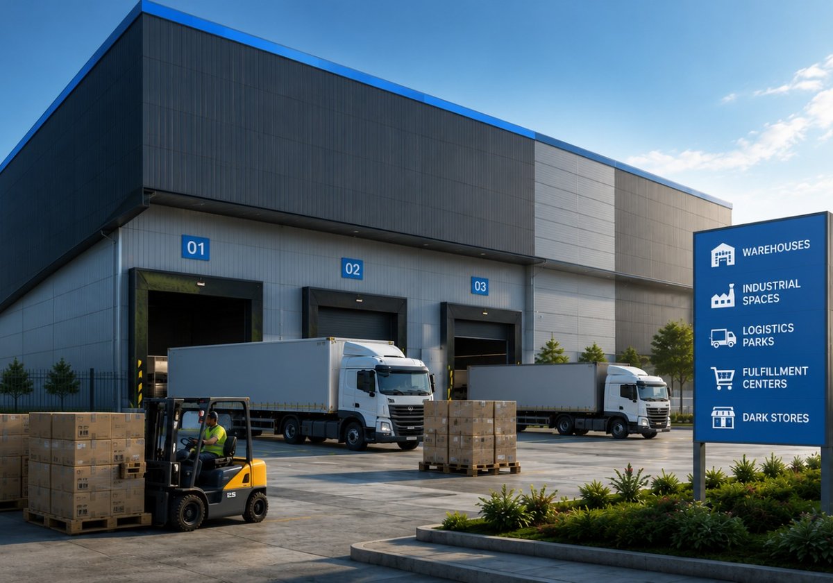 Infiniyard logistics facility with warehouses, trucks and service signage